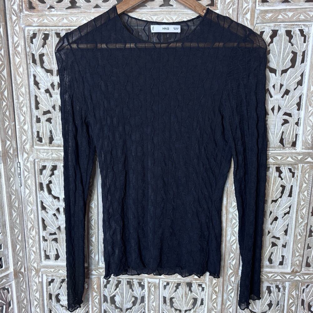 Mango MNG Women’s Black Top Mesh Sheer Long Sleeve Shirt Small Goth Grunge